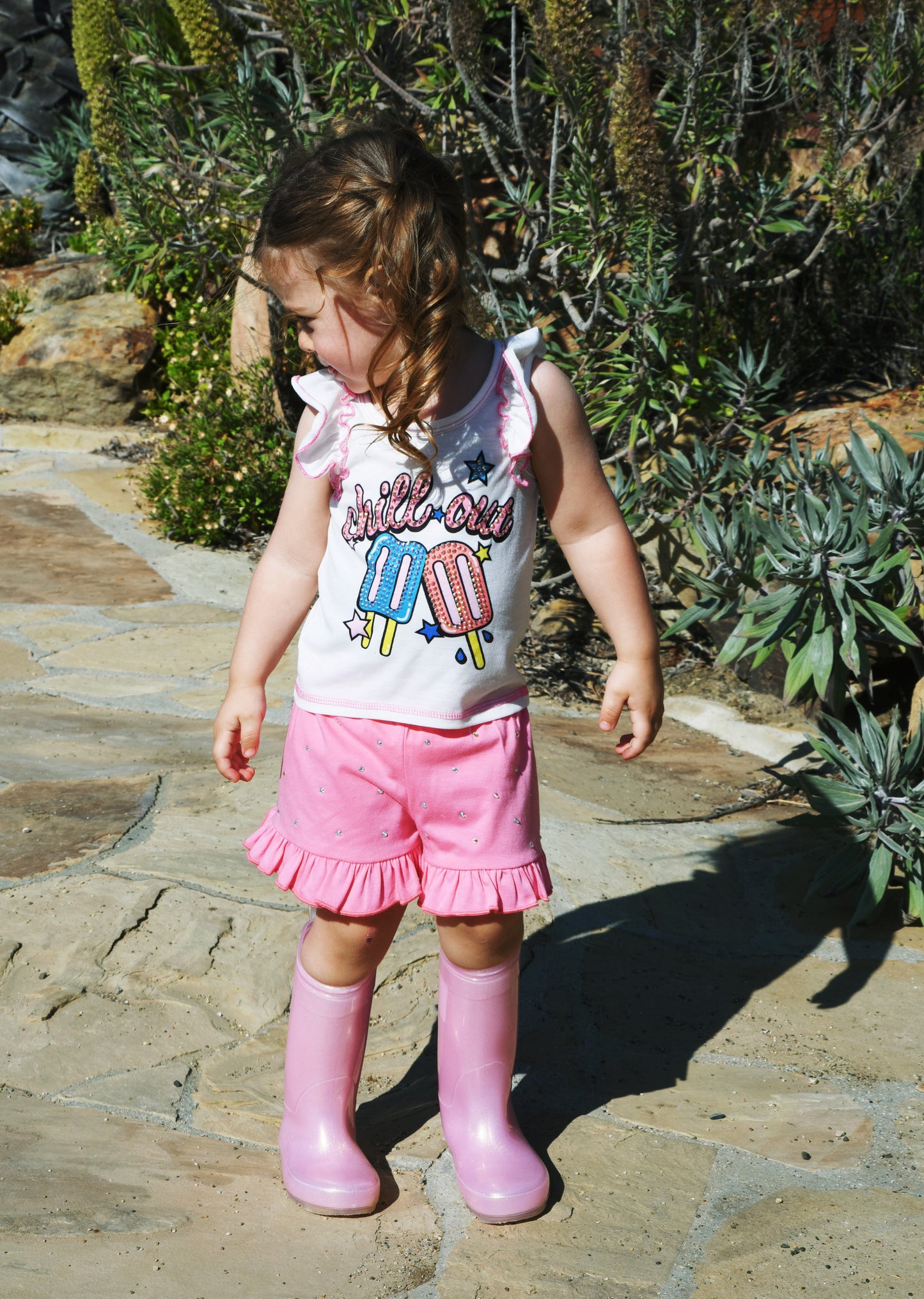 'Chill Out' Print Top & Ruffle Shorts with Rhinestones