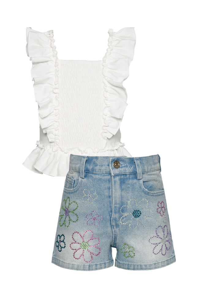 Ruffle Smocked Top & Rhinestone Denim Shorts