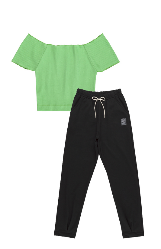 Green Off-Shoulder Crop Top & Black Sweatpants