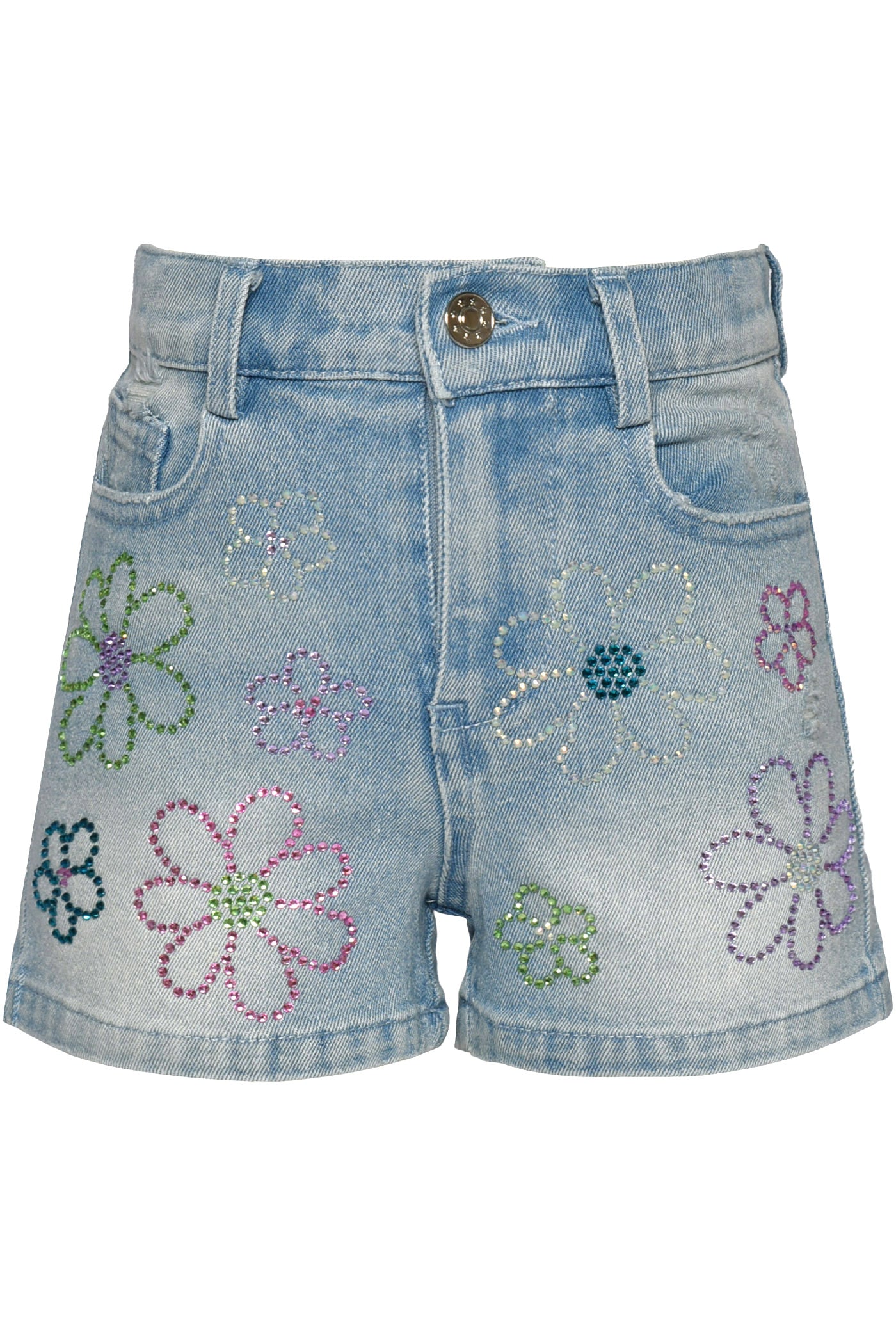 Ruffle Smocked Top & Rhinestone Denim Shorts