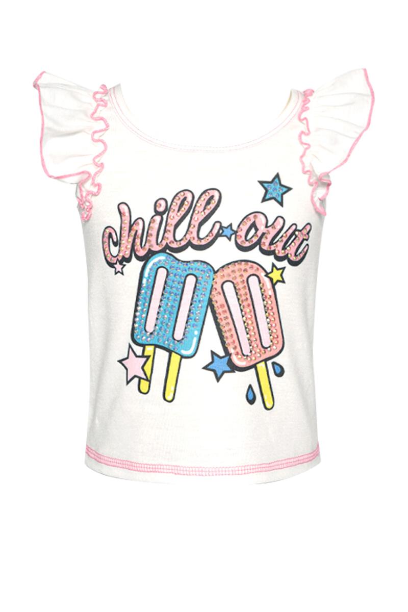 'Chill Out' Print Top & Ruffle Shorts with Rhinestones