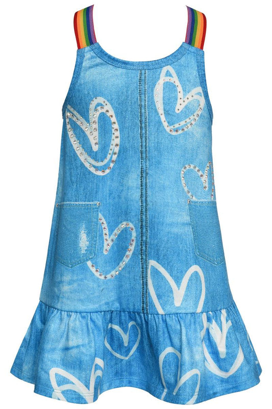 Drop Waist Denim Dress with Heart Print