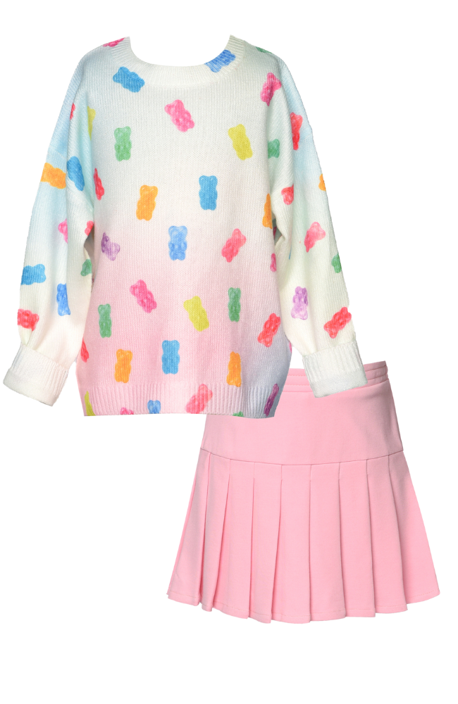 Gummy Bear Sweater & Pleated Skirt