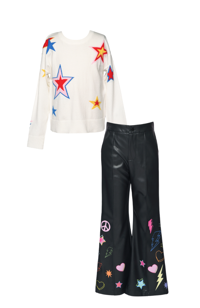 Star Sweater & Patches Leather Trousers