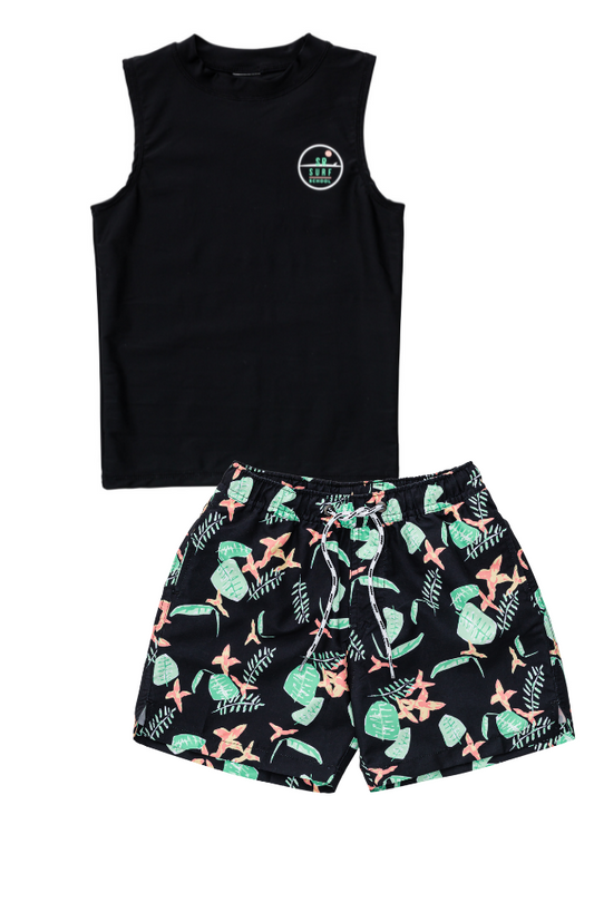 Neon Rainforest Board Shorts & Black Surf Rash Top (Sustainable)