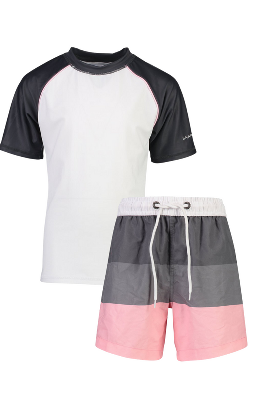 Grey Pink Block Stripe Boardie & Rashguard